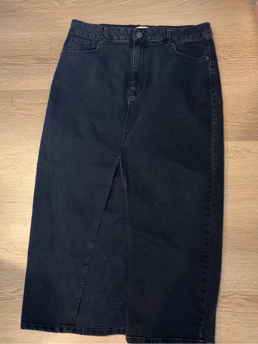 ASOS Black Denim Midi Skirt with Front Slit